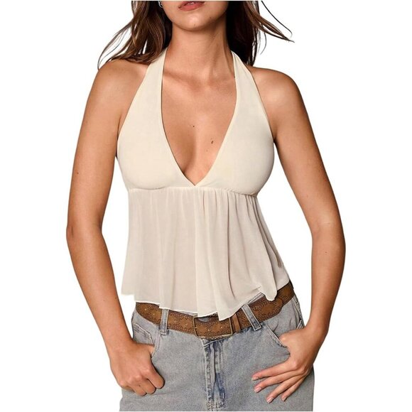 Tops - Women's Mesh Halter Crop Top Lightweigh Stretch Backless Sleeveless Summer
